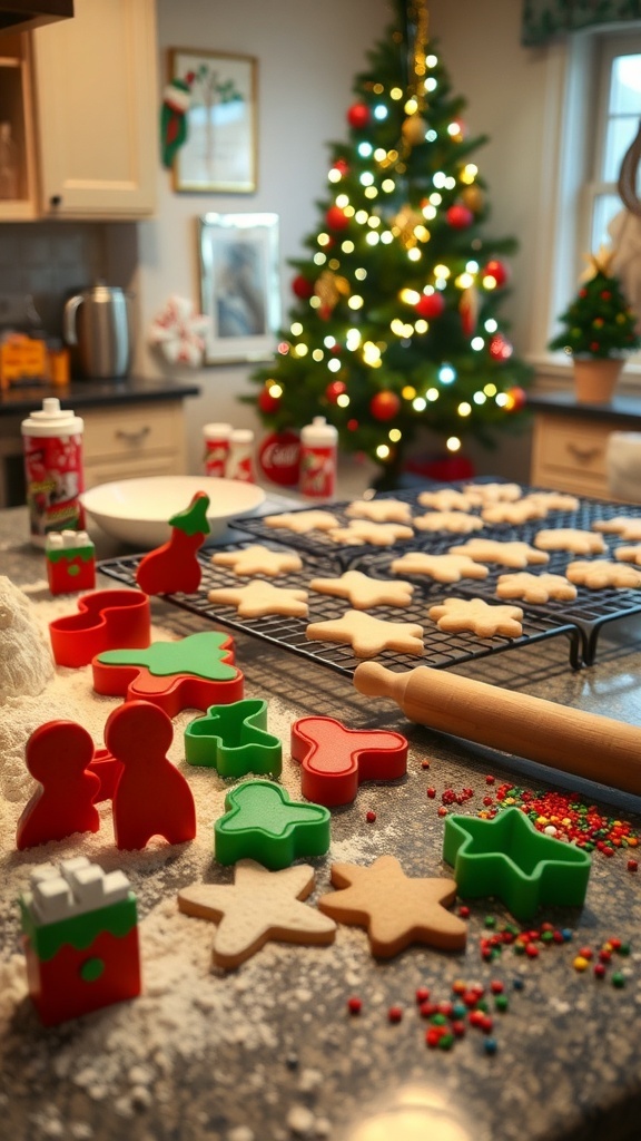 Christmas Baking Jokes A cozy kitchen with holiday baking supplies, trays of cookies, and a decorated Christmas tree.